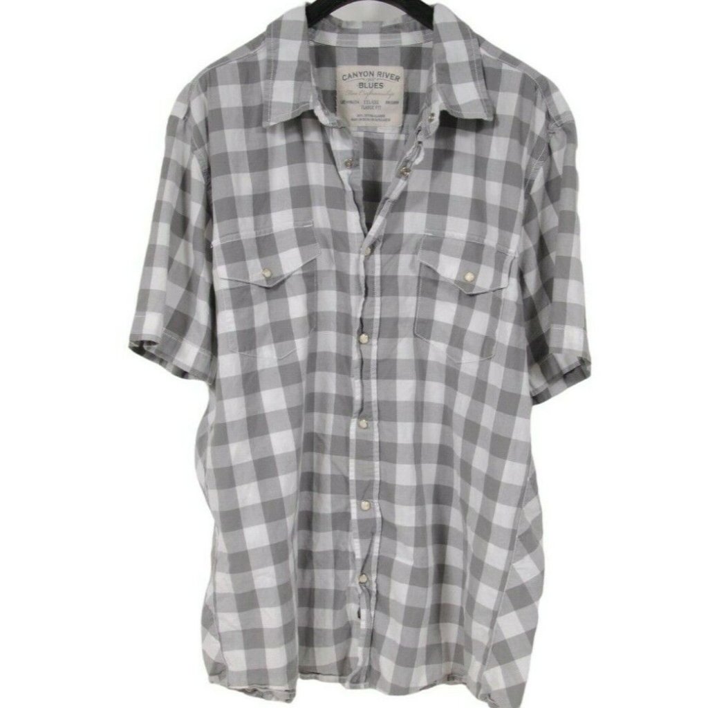 Canyon River Blues Mens White Gray Plaid Short Sleeve Button Down Shirt Size Xxl